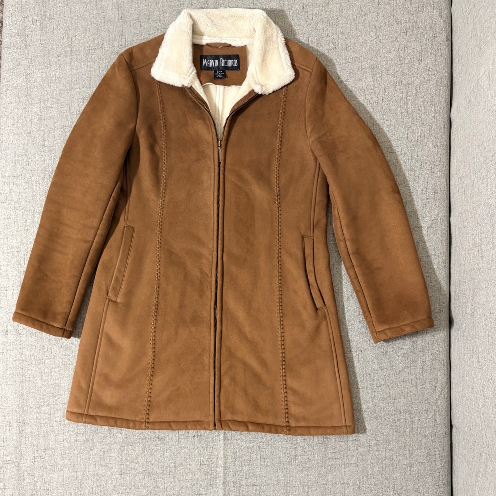 Marvin Richards Womens Small Faux Suede Shearling Coat Brown Zip Up Mid Length - Picture 3 of 9